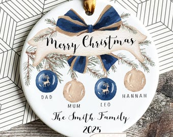 Personalised Family Christmas gift Baubles Greenery Design Acrylic or ceramic Round Ornament Keepsake Tree Bauble decoration gift Navy