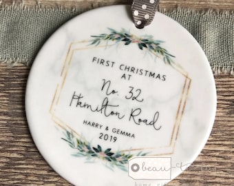Personalised First Christmas at Address New Home gift Eucalyptus Botanical Greenery Ceramic or acrylic Round Ornament Keepsake decoration