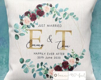 Personalised Names Married Mr Mrs Home Quote Burgundy Foliage Wreath Design Home Quote Linen Style Cushion cover