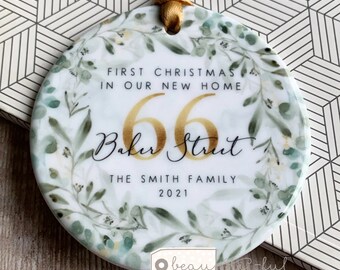 Personalised First Christmas at Address New Home Eucalyptus Wreath Design Ceramic Round Ornament Keepsake