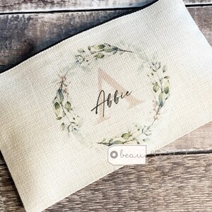 Personalised Make up bag Birthday gift Pink Greenery Wreath Design Linen style Fabric Make up Bag gift for her mum sister friend Bridesmaid