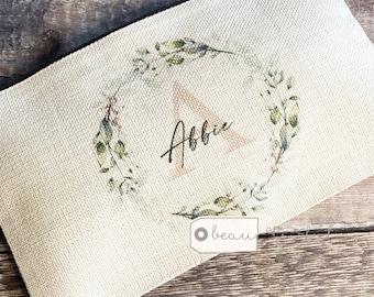 Personalised Make up bag Birthday gift Pink Greenery Wreath Design Linen style Fabric Make up Bag gift for her mum sister friend Bridesmaid