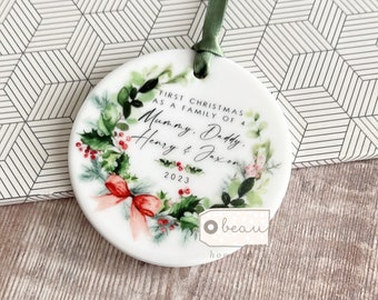 Personalised First Christmas as a family of 4 Mummy Daddy Mammy Mommy Baby Bow wreath Greenery Ceramic or Acrylic Round Ornament Keepsake
