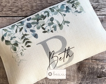 Personalised Name Foliage Greenery Design Linen style Fabric Make up Bag Birthday gift for her mum sister friend