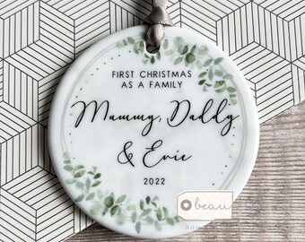 Personalised First Christmas as a family ornament gift Mummy Daddy Mammy Mommy New Baby Botanical Greenery Ornament Keepsake tree bauble