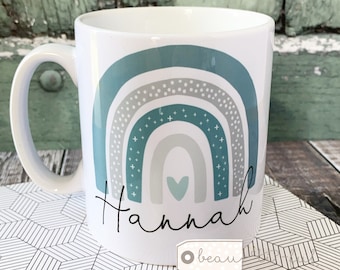 Personalised Name Teal Rainbow Ceramic Mug - Tea mug - coffee Mug - Gift mug