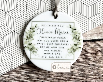 Personalised God bless you Christening Baptism Baby Boy Girl Modern Greenery Design Ceramic Round Ornament Keepsake