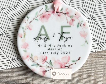 Personalised Wedding Gift Just Married Gift Mr & Mrs Wedding Pink Blossom Greenery Ceramic or Acrylic Round Decoration Ornament Keepsake