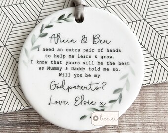 Personalised Will you be my Godmother Godfather Godparents Proposal Christening Baptism Laurel greenery Greenery Ceramic or acrylic Keepsake