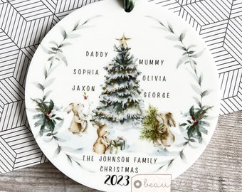 Personalised Family Christmas gift Tree woodland animals Acrylic or ceramic Round Ornament Keepsake Tree bauble Decoration