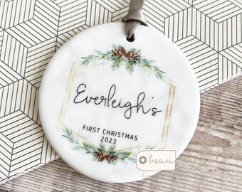 Personalised First Christmas Gift New Baby Boy Girl Newborn Geometric Greenery Pinecone Design Ceramic or Acrylic Round Ornament Keepsake