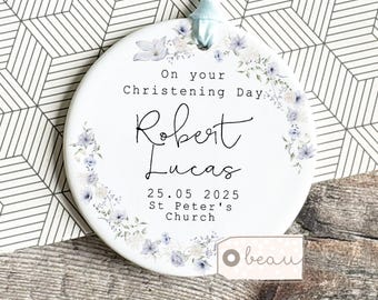 Personalised Christening Baptism gift Baby Boy Girl Geometric Greenery Design Ceramic or Acrylic Round Ornament Keepsake