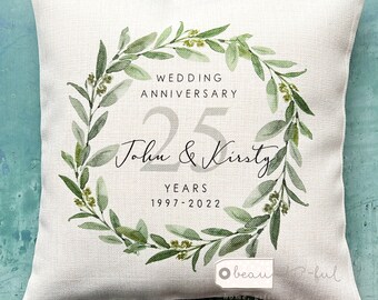 Personalised Names Wedding anniversary 25th 50th 1st Home Quote Eucalyptus wreath Design Home Quote Linen Style Cushion cover