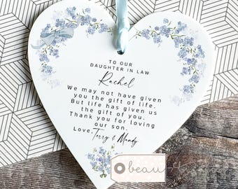 Personalised Future Wonderful Daughter in law gift Bride gift Wedding gift Greenery Wreath Acrylic Heart Decoration Ornament Keepsake