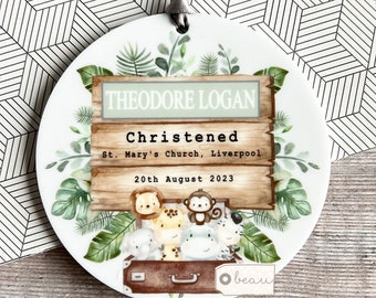 Personalised Christening Baptism Gift Goddaughter Godparent Godchild Godmother Godson Jungle Animals Ceramic or acrylic Ornament Keepsake