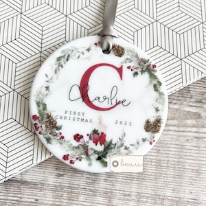 Personalised First Christmas Gift Baby Boy Girl Newborn Greenery Wreath Candle Pinecone Design Ceramic or Acrylic Round Ornament Keepsake