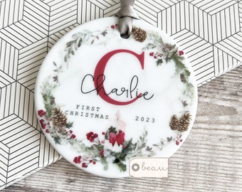 Personalised First Christmas Gift Baby Boy Girl Newborn Greenery Wreath Candle Pinecone Design Ceramic or Acrylic Round Ornament Keepsake