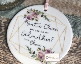 Personalised Will you be my Godmother Godfather Godparents Christening Baptism Proposal Blush Pink Floral Design Ceramic Ornament Keepsake