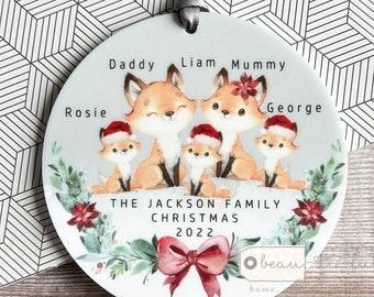 Personalised Family Christmas Woodland fox Greenery Design Acrylic or ceramic Round Ornament Keepsake Tree decoration gift