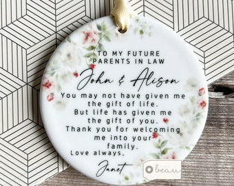 Personalised Future Wonderful Mother parents in law Floral Greenery Wreath Ceramic or Acrylic Round Decoration Ornament Keepsake