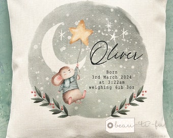 Personalised New Baby Girl Boy  Mouse Animals Design Home Quote Linen Style Cushion - Newborn - Birth - Baby Girl Baby Boy