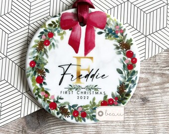 Personalised 1st First Christmas Gift New Baby Boy Girl Newborn Bow wreath Design Ceramic or Acrylic Round Ornament Keepsake