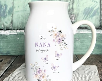 Personalised Nanny Belongs To Small Vase Jug Mug: Wildflower Floral Ceramic Flower Gift for her, Nanna Grandma Nana Gran