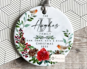 Personalised Christmas Family Gift Tree Decoration Bauble Robin Holly Foliage Wreath Greenery Ceramic or Acrylic Round Ornament Keepsake