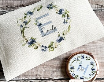 Personalised Name and initial Blue Floral Eucalyptus Design Linen style Fabric Make up Bag Birthday gift for her mum sister friend