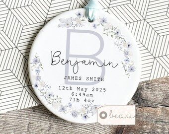 Personalised Baby arrival gift New Baby Gift Boy Girl Welcome to the world Newborn blue floral Ceramic or Acrylic Round Ornament Keepsake