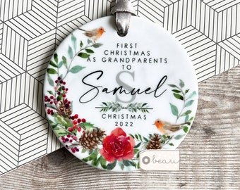 Personalised First Christmas as Grandparents Gran Grandma Nanna New Baby Robin Greenery Design Ceramic Round Ornament Keepsake