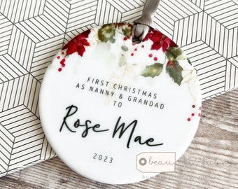 Personalised First Christmas as Grandparents Gift Gran Grandma Nanna New Baby Foliage Poinsettia Ceramic or Acrylic Round Ornament Keepsake