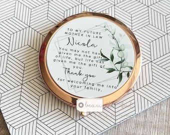 Personalised Future Wonderful Mother in law Name Foliage Greenery Round Rose Gold Compact Pocket Mirror  Keepsake