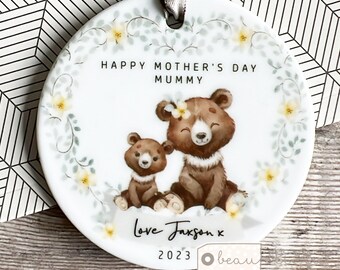 Personalised Happy Mother’s Day Gift Mum Mummy Mommy Nanny Nana Gran Grandma Bears Greenery Ceramic or acrylic ornament Keepsake decoration
