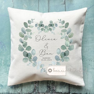 Personalised Married Engagement Anniversary Gift Wedding gift Mr Mrs Home Foliage Greenery Heart Design Home Quote Linen Style Cushion cover