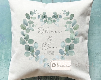 Personalised Married Engagement Anniversary Gift Wedding gift Mr Mrs Home Foliage Greenery Heart Design Home Quote Linen Style Cushion cover