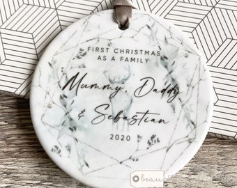 Personalised First Christmas Gift as a family Mummy Daddy New Baby Christmas Winter Deer scene Ceramic or Acrylic Round Ornament Keepsake