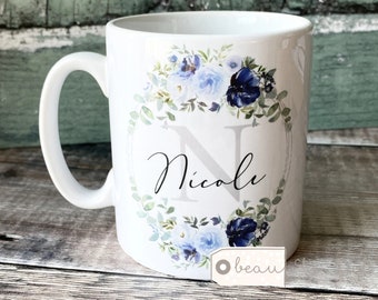 Personalised Name and initial Blue Bouquet Wreath Ceramic Mug - Tea mug - coffee Mug - Gift mug