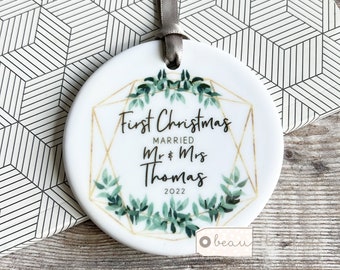 Personalised First Christmas Married Wedding gift Mr Mrs Newlywed Botanical Greenery Design Ceramic or Acrylic Round Ornament Keepsake