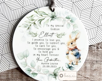 Personalised Promise to Godchild Christening Baptism Gift Baby Godson Grandson Boy Girl Woodland rabbit Ceramic or acrylic Ornament Keepsake