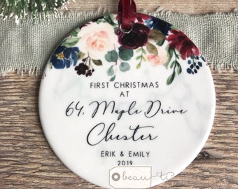 Personalised First Christmas at Address New Home House Housewarming Burgundy Navy Greenery Ceramic  or Acrylic Round Ornament Keepsake