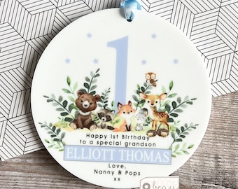 Personalised First 1st Happy Birthday age boy Gift Woodland animals Greenery Ceramic or acrylic Round Decoration Ornament Wedding Keepsake