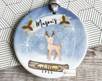 Personalised Baby Babies Baby’s First Christmas Boy Girl Newborn Deer Snowglobe Design Ceramic Round Ornament Keepsake