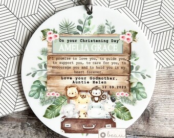 Personalised Promise to Godchild Christening Baptism Gift Baby Godson Boy Girl Jungle Animal Ceramic or acrylic Round Ornament Keepsake