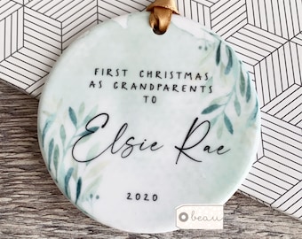 Personalised First Christmas as Grandparents Gran Grandma Nanna New Baby Botanical Greenery  Ceramic or Acrylic Round Ornament Keepsake