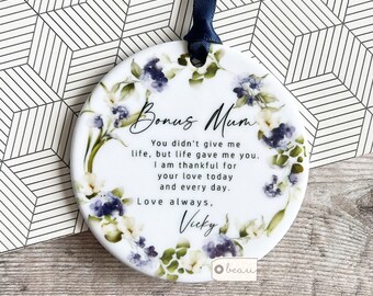 Personalised Bonus Mum Mom Stepmum stepmom gift Like a mum Thank you Quote Greenery Ceramic or Acrylic Round Ornament Wedding Keepsake