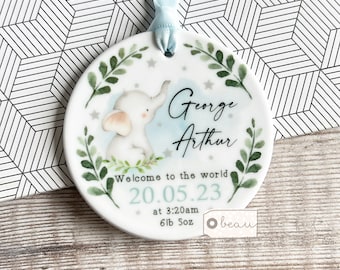 Personalised New Baby Gift Boy Newborn Blue Elephant Design Ceramic or Acrylic Round Ornament Keepsake Godson Grandson