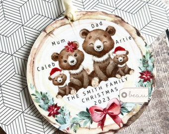 Personalised Family Christmas Woodland Bear Greenery Design Acrylic or ceramic Round Ornament Keepsake Tree decoration gift