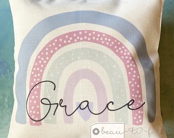 Personalised Name Lilac pink Pastel Rainbow Design Home Quote Boho Linen Style Cushion cover