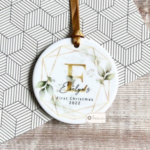 Personalised First Christmas Gift New Baby Boy Girl Newborn Geometric Greenery leaf Bow Design Ceramic or Acrylic Round Ornament Keepsake